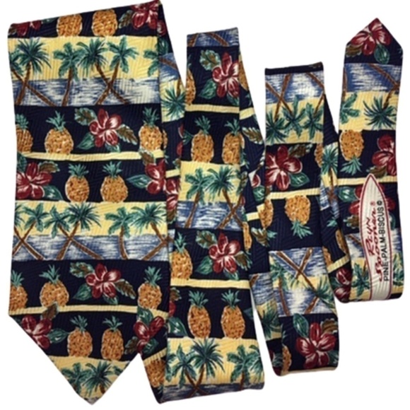 REYN Spooner Pine-Palm-Biscus Tiki 100% Silk Necktie USA Unworn Vintage - Picture 1 of 8